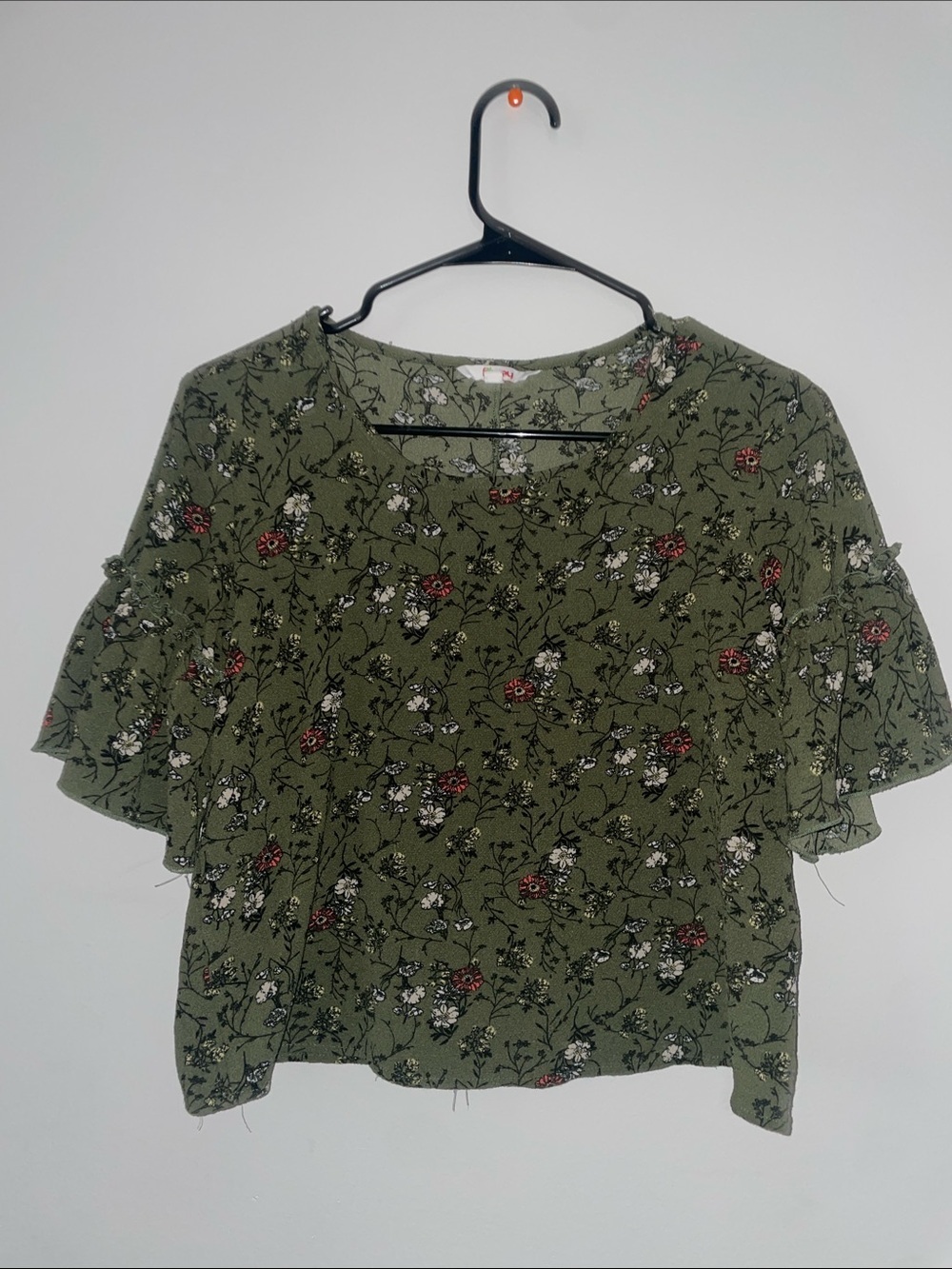 Floral Ruffle Short Sleeve Top for Women - Olive - Medium
